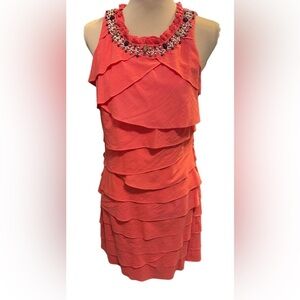 S.L. Fashions Tiered Beaded Collar Dress. Coral No Tags but best fits Size 10-12